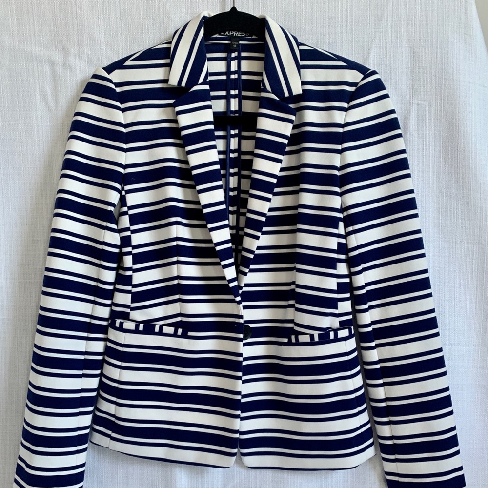 Express fitted blazer XS white and navy strips. Single button. NWOT